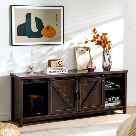 Rustic Farmhouse Style TV Stand with Sliding Barn Doors and Spacious Design in Brown