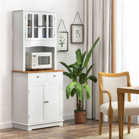 Tall Kitchen Pantry Cabinet with Wood Countertop and Adjustable Shelves-White