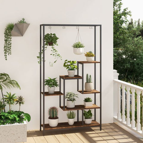 Patio 6 Tier Plant Stand with Hanging Hooks and Metal Frame in Rustic Brown
