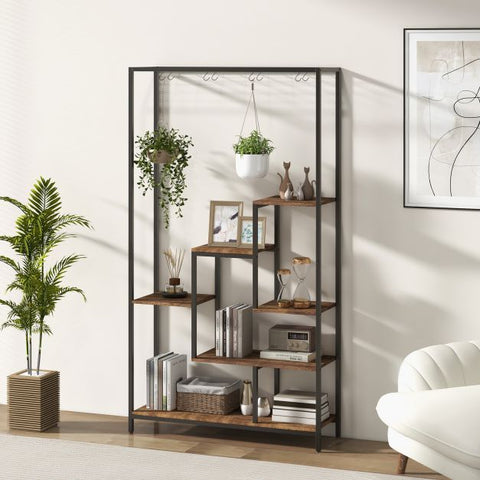 Patio 6 Tier Plant Stand with Hanging Hooks and Metal Frame in Rustic Brown