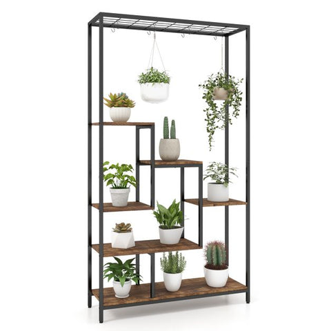 Patio 6 Tier Plant Stand with Hanging Hooks and Metal Frame in Rustic Brown