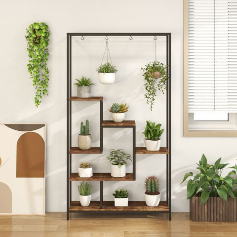 Patio 6 Tier Plant Stand with Hanging Hooks and Metal Frame in Rustic Brown