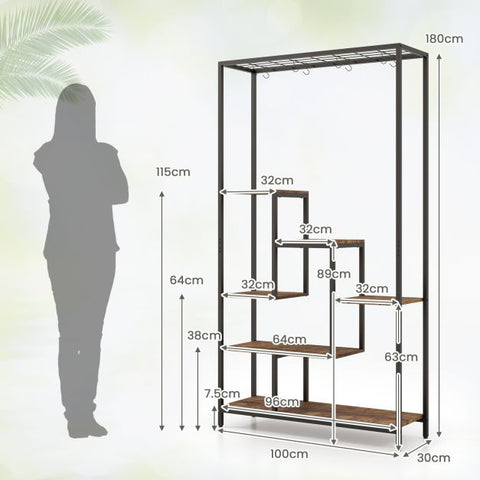 Patio 6 Tier Plant Stand with Hanging Hooks and Metal Frame in Rustic Brown