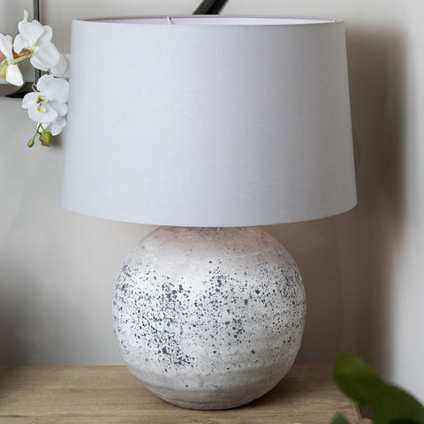 Elegant Stone Ceramic table Lamp with Rustic Finish and Light Grey Fabric Shade