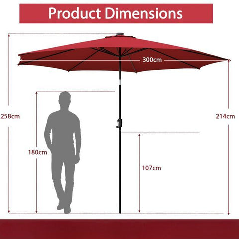 Patio 3m Umbrella with Manual Crank and Solar Powered LED Lights