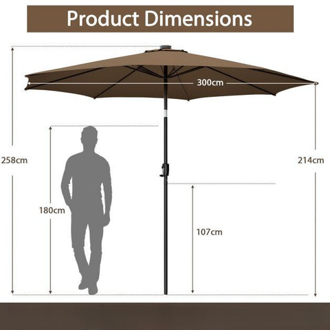 Patio 3m Umbrella with Manual Crank and Solar Powered LED Lights
