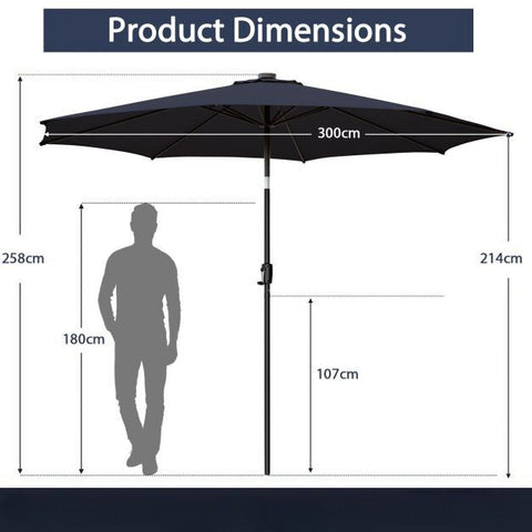 Patio 3m Umbrella with Manual Crank and Solar Powered LED Lights