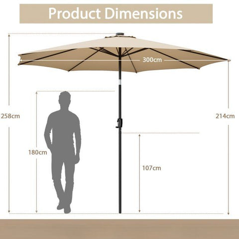 Patio 3m Umbrella with Manual Crank and Solar Powered LED Lights