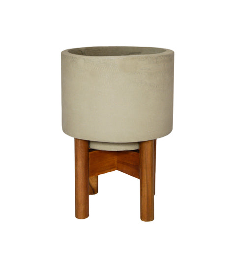 Scandinavian-style Indoor Planter with Wooden Stand in Concrete Grey