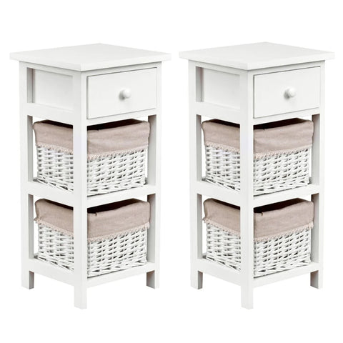 Vintage Style Tall Side Table with Practical Wood and Wicker Drawers