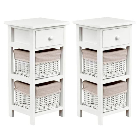 Vintage Style Tall Side Table with Practical Wood and Wicker Drawers
