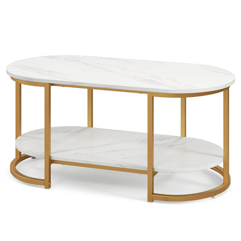 Contemporary 2 Tier Faux Marble Coffee Table with Heavy Duty Metal Structure