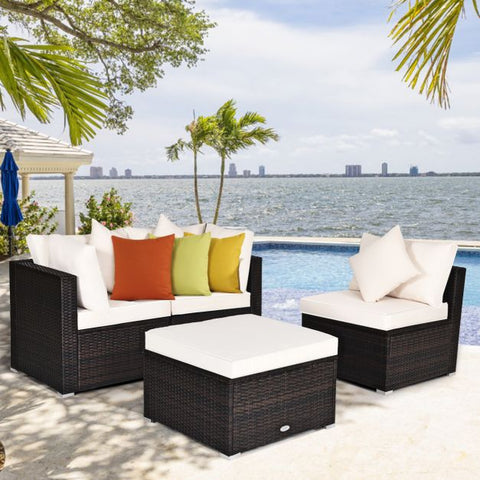 Garden Wicker Conversation Furniture Set with soft cushions and pillow in White