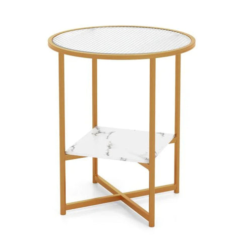 Simple Round Side Table with Storage Shelf and Sturdy Wood Frame