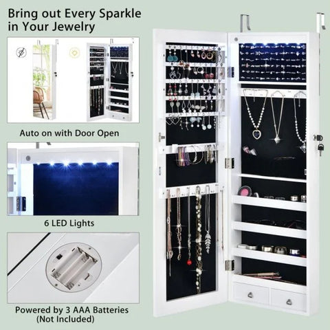 Mounted Spacious Jewellery Cabinet with Lock and Integrated LED Lights
