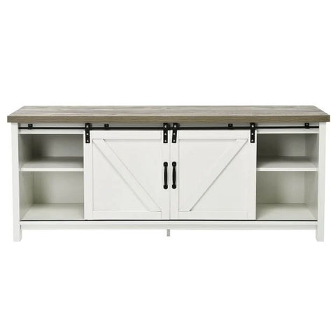 Elegant and Rustic TV Stand with Ample Storage and Functional Barn Doors