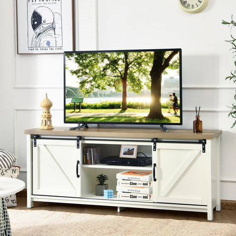 Elegant and Rustic TV Stand with Ample Storage and Functional Barn Doors
