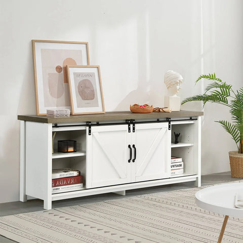 Elegant and Rustic TV Stand with Ample Storage and Functional Barn Doors