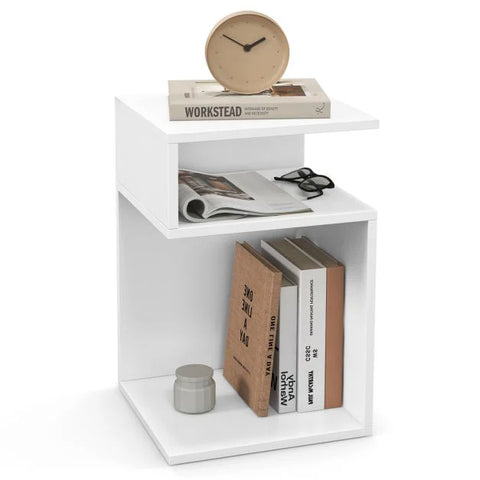 Multi Use S-Shaped Side table with Ample Storage and Elegant Compact Design in White