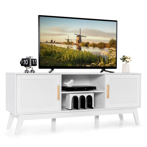 Exquisite and Modern TV Stand with Rattan Finish and Adjustable Shelf in White