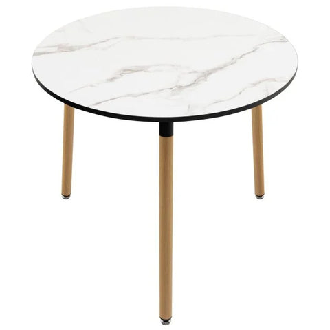 Simple and Versatile Faux Marble Round Table wih Sturdy Wooden Legs in White