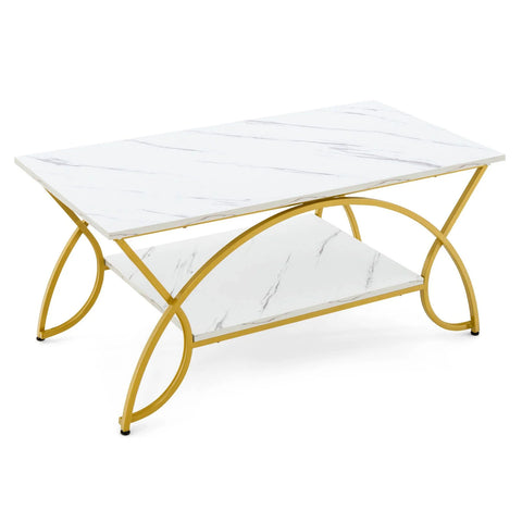 Stylish and Modern Faux Marble Coffee Table with Golden Frame and Ample Storage