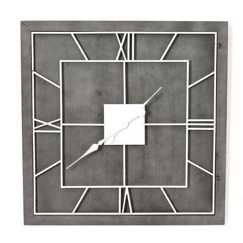 Rustic Square Grey Wood Wall Clock with White Painted Metal Roman Numerals