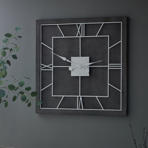 Rustic Square Grey Wood Wall Clock with White Painted Metal Roman Numerals