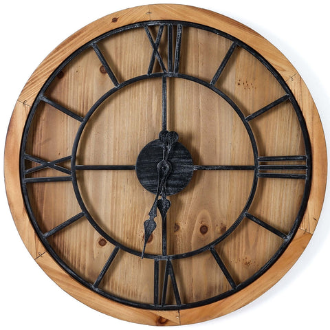 Rustic Large Natural Wood Wall Clock with Grey Metal Roman Numerals