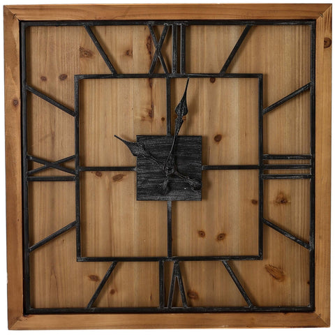 Minimalistic Square Large Wooden Wall Clock with Skeleton Grey Metal Face