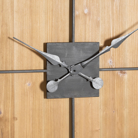 Minimalistic Square Large Wooden Wall Clock with Skeleton Grey Metal Face