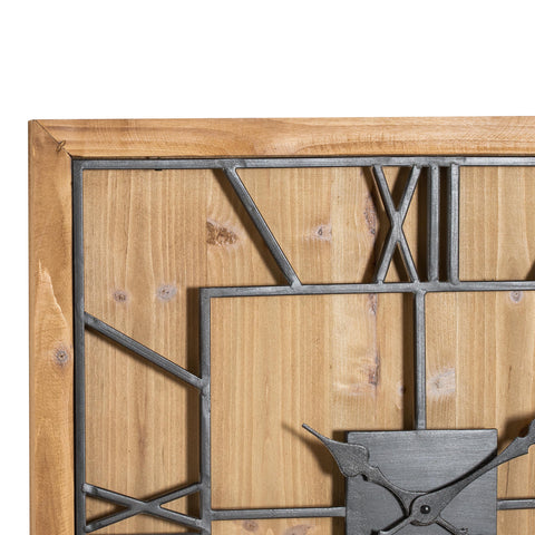 Minimalistic Square Wooden Wall Clock with Skeleton Grey Metal Face