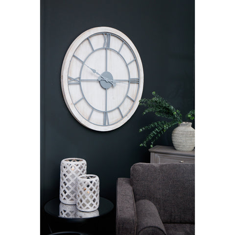 Stylish and Rustic Wall Clock with Light Grey Roman Numerals in White