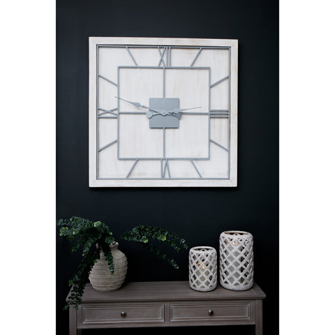 Minimalistic Square White Wall Clock with Skeleton Grey Metal Face