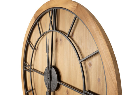 Stylish and Rustic Wooden Wall Clock with Grey Metal Roman Numerals
