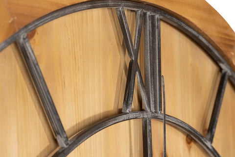 Stylish and Rustic Wooden Wall Clock with Grey Metal Roman Numerals