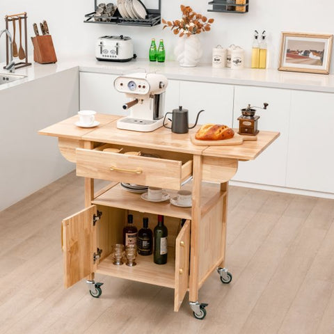 Natural Wood Island Cart with Drop Leaf Countertop and Movable Wheels