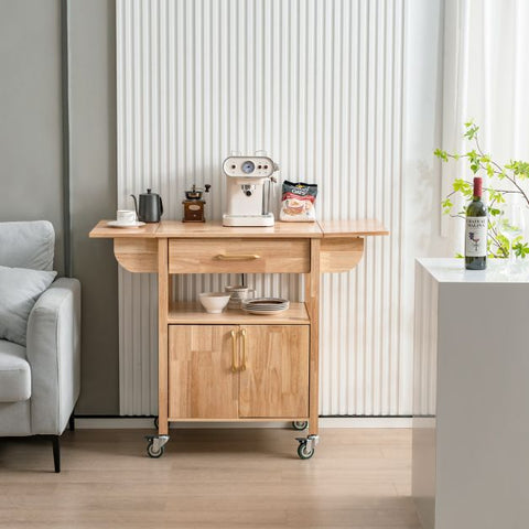 Natural Wood Island Cart with Drop Leaf Countertop and Movable Wheels