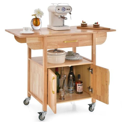 Natural Wood Island Cart with Drop Leaf Countertop and Movable Wheels