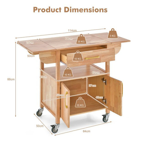Natural Wood Island Cart with Drop Leaf Countertop and Movable Wheels