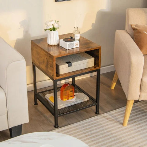 Elegant and Compact Side Table with Mesh Storage Shelf and Industrial Design