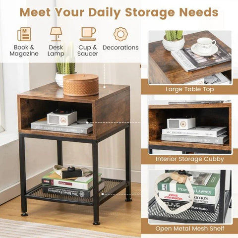 Elegant and Compact Side Table with Mesh Storage Shelf and Industrial Design