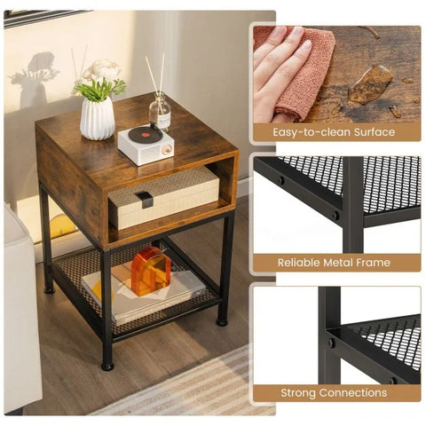 Elegant and Compact Side Table with Mesh Storage Shelf and Industrial Design