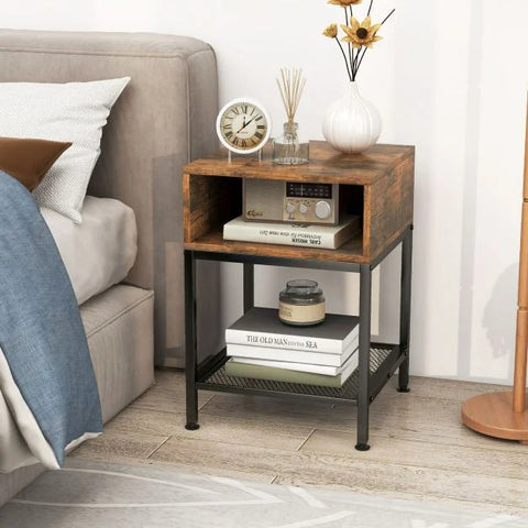 Elegant and Compact Side Table with Mesh Storage Shelf and Industrial Design