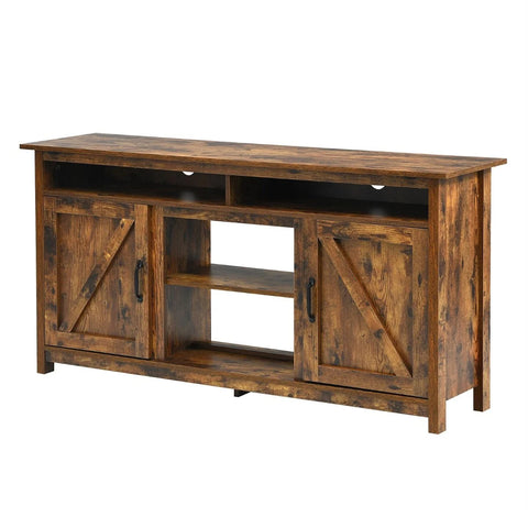 Rustic Style Multi-use TV Stand with Open Storage and Vintage Barn Doors in Brown