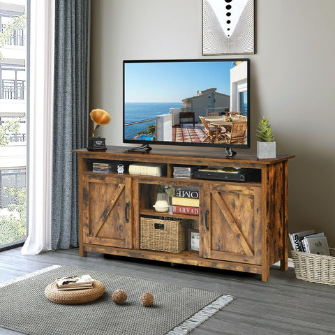 Rustic Style Multi-use TV Stand with Open Storage and Vintage Barn Doors in Brown