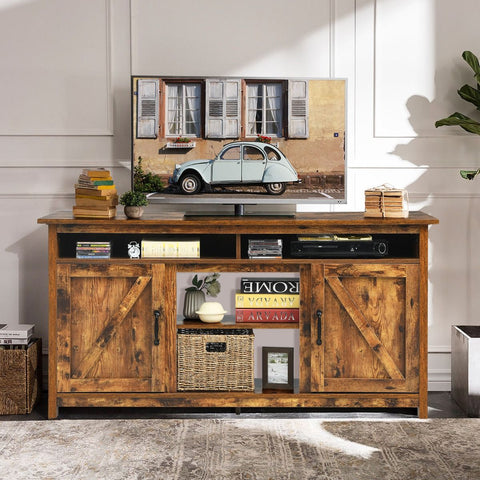 Rustic Style Multi-use TV Stand with Open Storage and Vintage Barn Doors in Brown