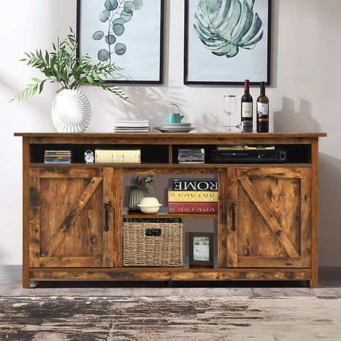 Rustic Style Multi-use TV Stand with Open Storage and Vintage Barn Doors in Brown