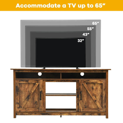 Rustic Style Multi-use TV Stand with Open Storage and Vintage Barn Doors in Brown