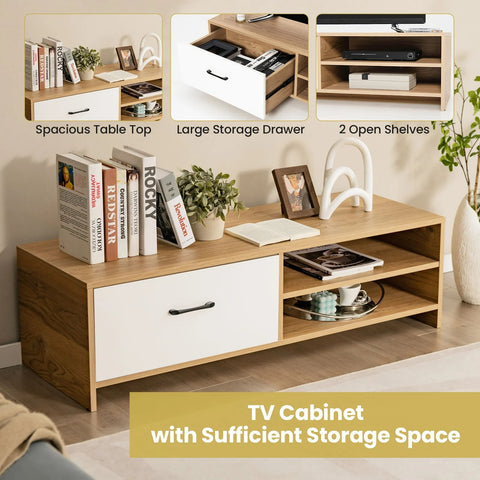 Super Elegant and Modern TV Stand with 2 Open Shelves and Drawer